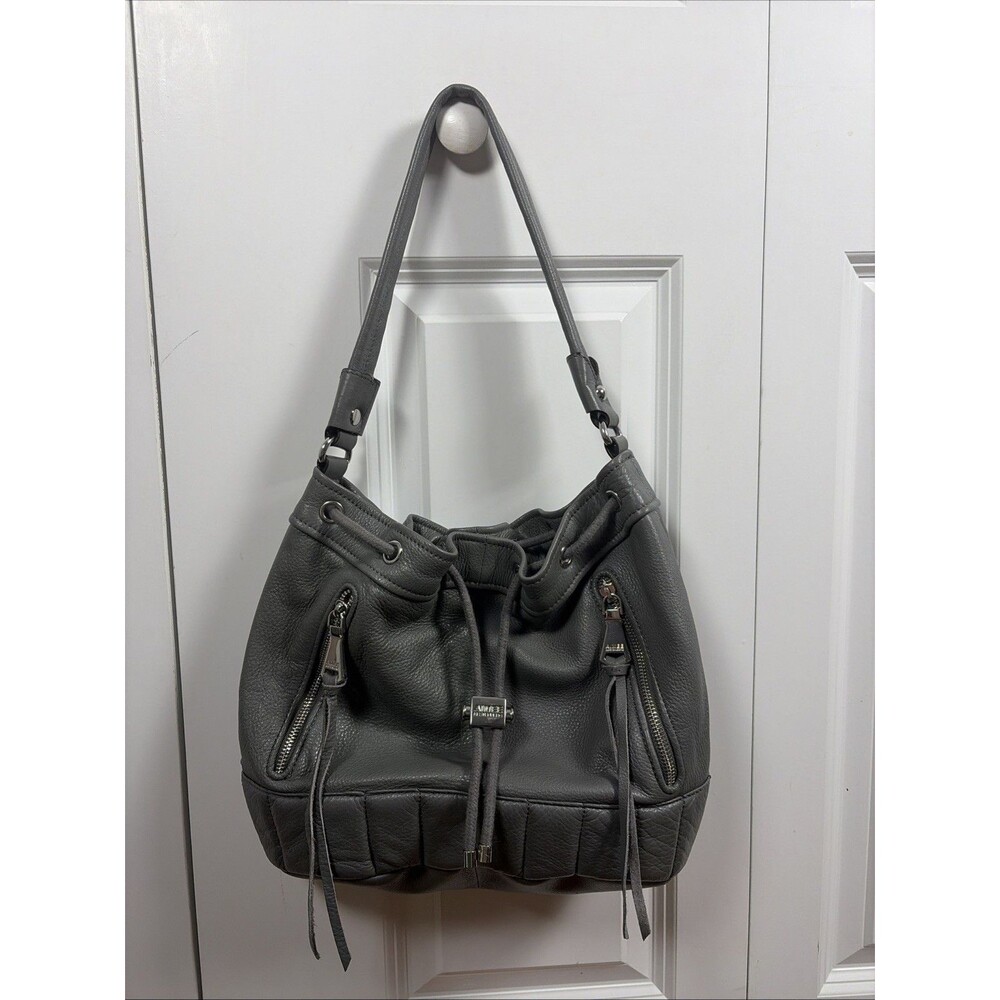 Aimee Kestenberg Gray Leather Bucket Hobo Drawstring Bag / Purse Silver Hardware